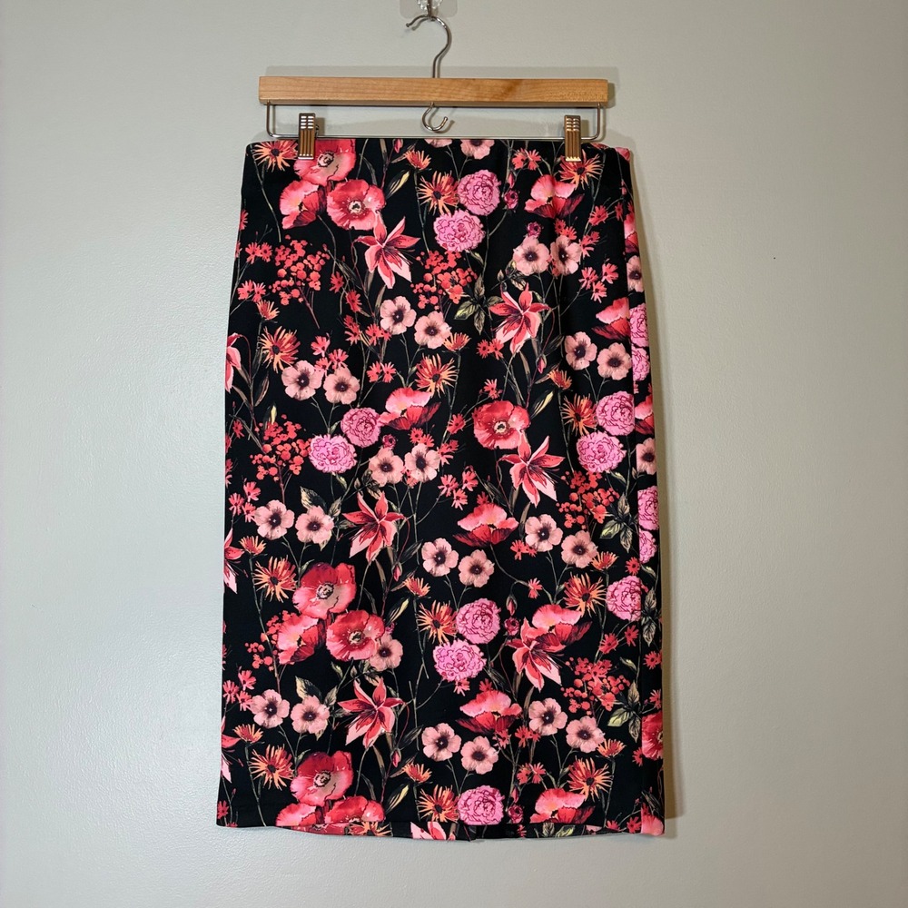 ECI New York Floral Pencil Skirt Black Pink Red Midi Stretch Size M